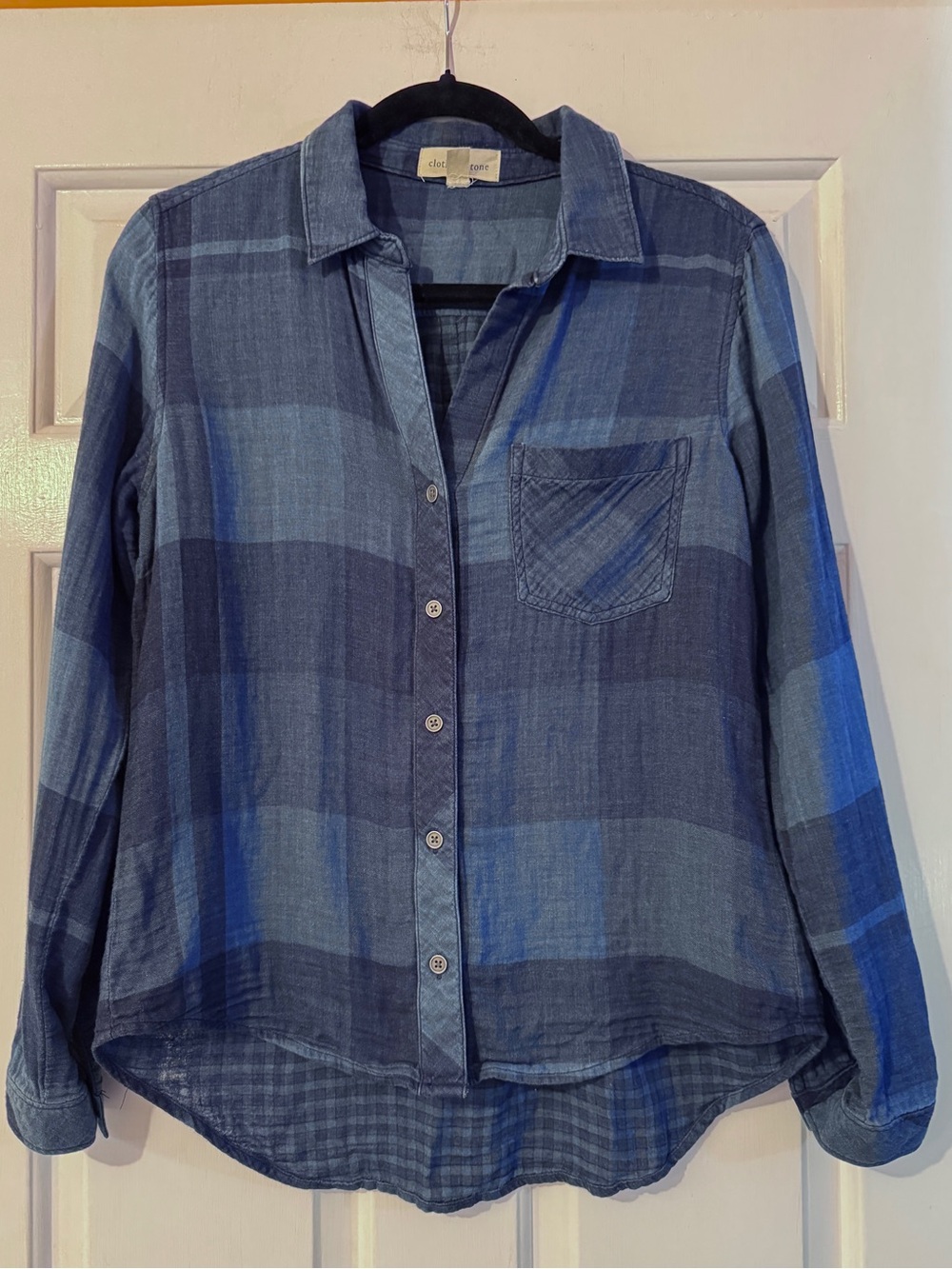 Anthropologie Cloth & Stone Blue Plaid Mireille Shirt Hi-Lo Size Extra Small EUC - Picture 2 of 5